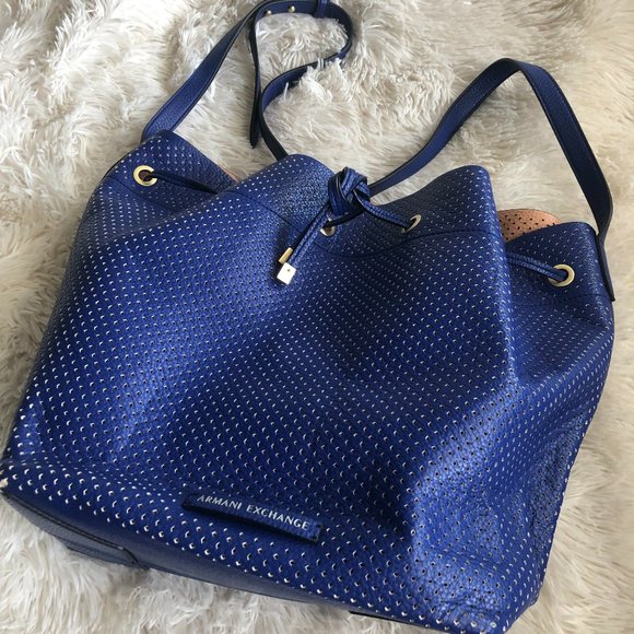 Armani Exchange Perforated Bucket Bag, Blue - Picture 3 of 5
